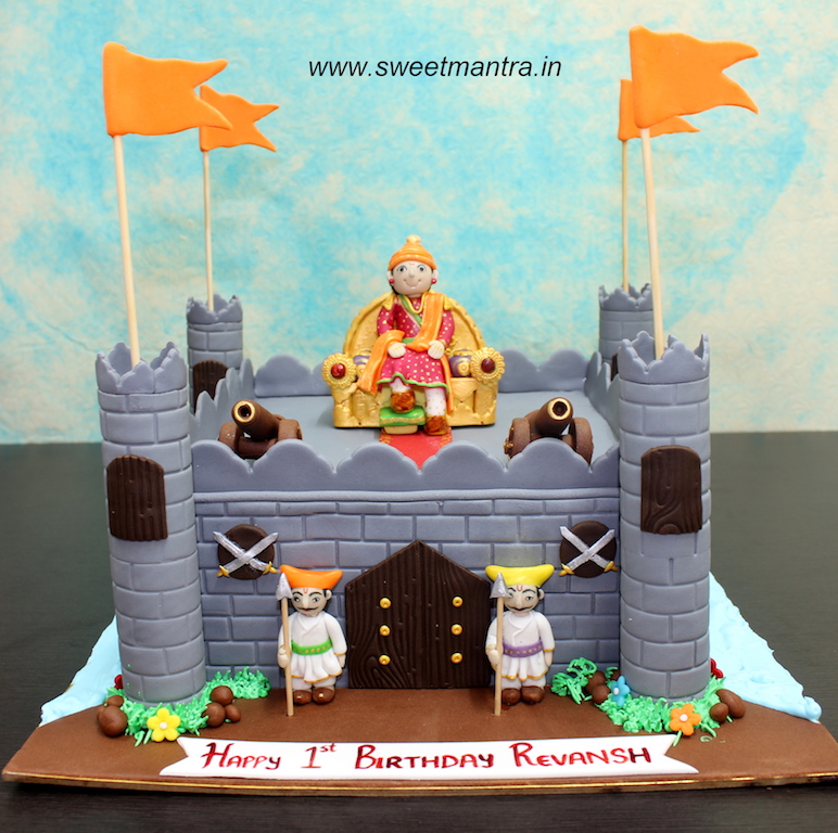 Shivaji Maharaj fort customized 3D birthday cake for a kid born on Shivaji Jayanti