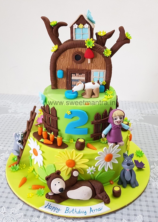 Masha and Bear theme customized 2 layer cake for girl's 2nd birthday in Pune