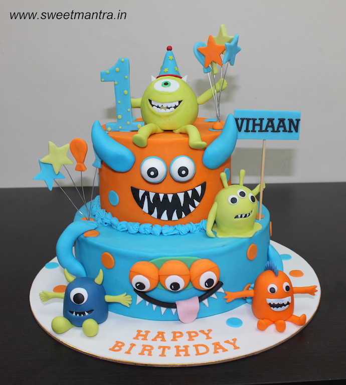 Monsters theme customized 2 tier fondant cake for boy's 1st birthday in Pune