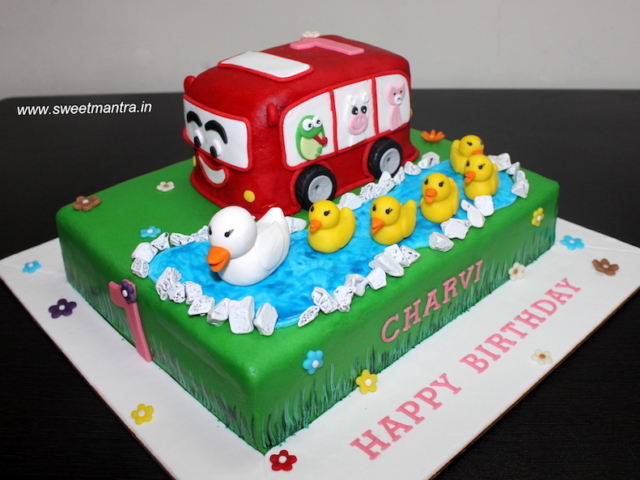 5 little ducks and Wheels on the bus theme customized cake for 1st birthday in Pune