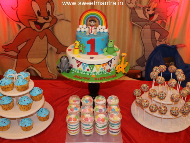 Baby TV theme colorful dessert/sugar table for boy's 1st birthday in Pune