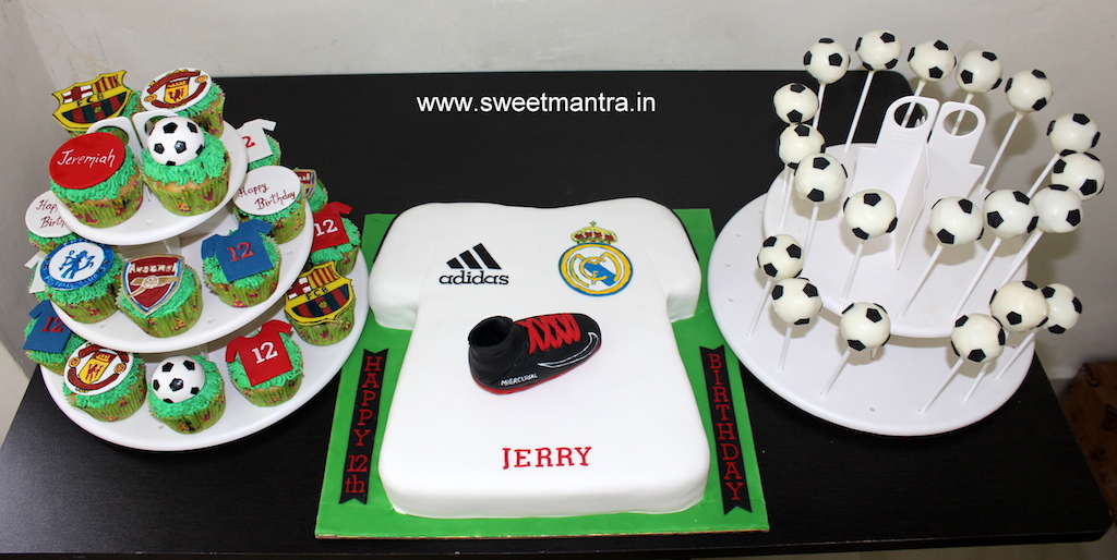 Football theme dessert/sugar table with Shirt shaped fondant cake, cupcakes and cakepops for boy's birthday in Pune