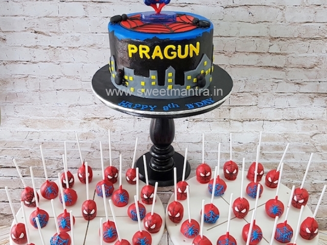 Spiderman theme dessert/sugar table with Spiderman fondant cake and cake pops for boy's birthday in Pune