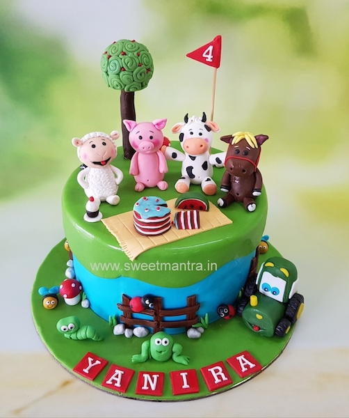 Farm animals theme customized fondant cake for girl's 4th birthday in Pune