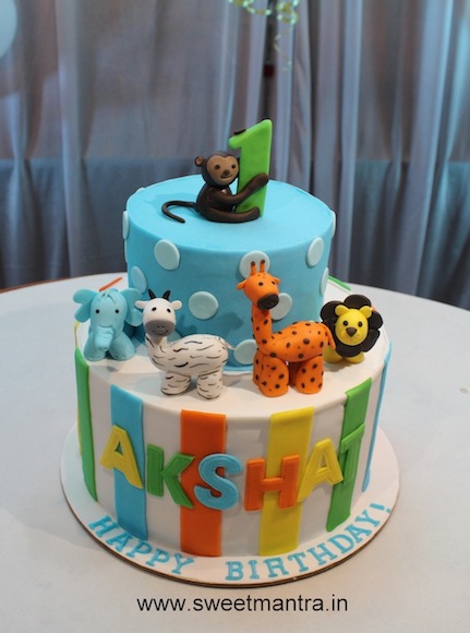 Animals theme 2 layer fondant cake for 1st birthday boy in Pune