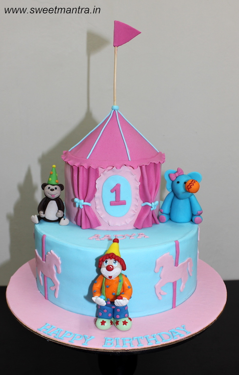 Carnival,Circus Animals,Joker theme fondant cake for 1st birthday in Pune