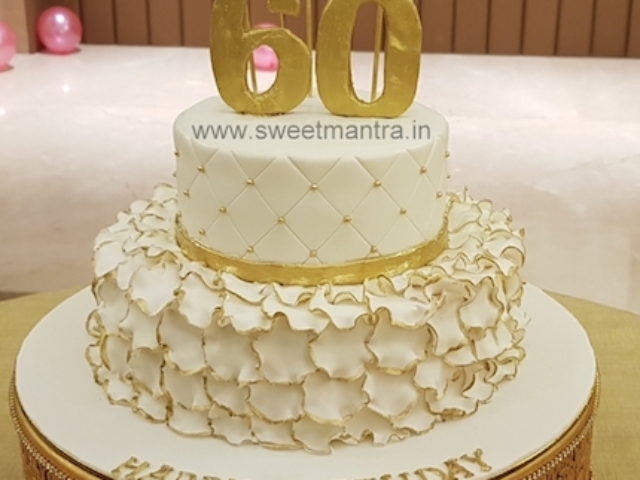 White and Gold customized 2 tier cake for dad's 60th birthday in Pune