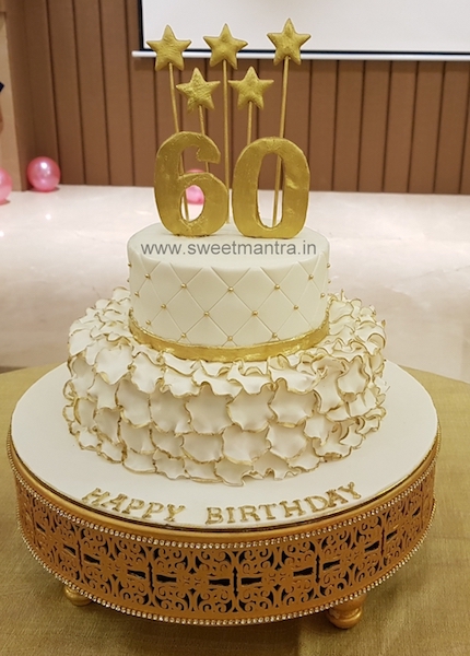 White and Gold customized 2 tier cake for dad's 60th birthday in Pune
