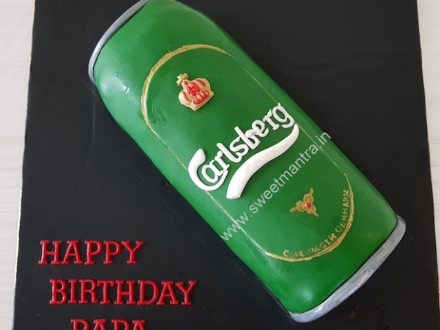 Carlsberg beer can shaped 3D fondant cake for dad's birthday in Pune