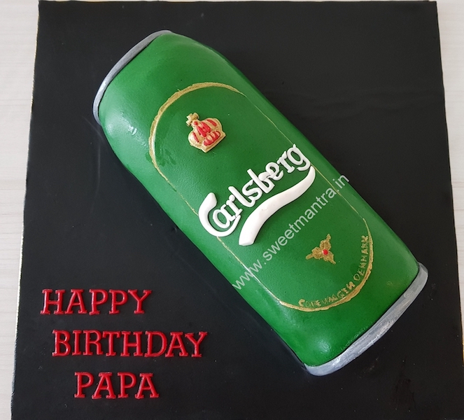 Carlsberg beer can shaped 3D fondant cake for dad's birthday in Pune