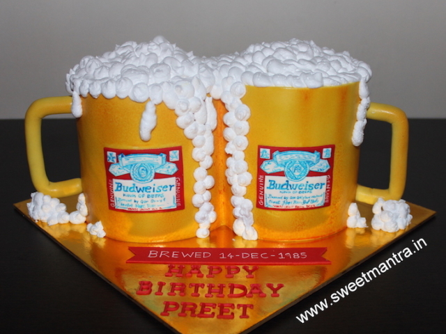 Budweiser beer mugs shaped customized 3D cake for husband's birthday in Pune