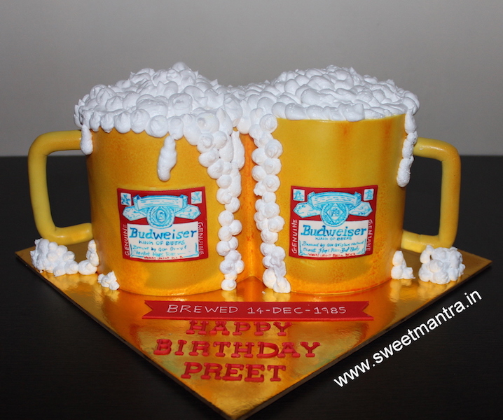 Budweiser beer mugs shaped customized 3D cake for husband's birthday in Pune