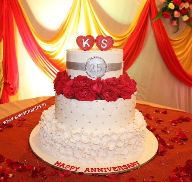 Customized 3 layer fondant cake for 25th, silver anniversary in Pune