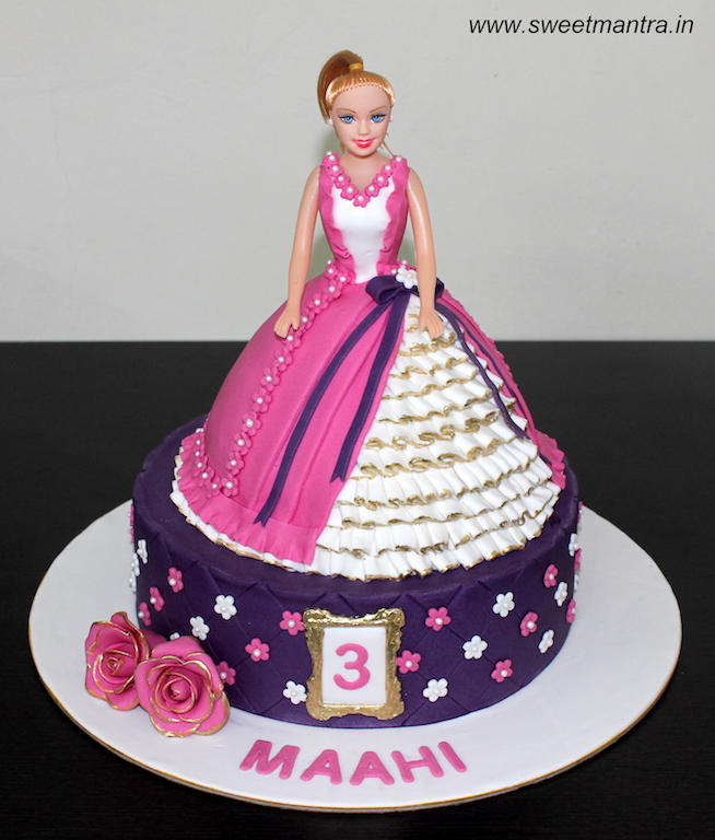 Barbie theme 2 layer customized fondant cake for girl's 3rd birthday in Pune