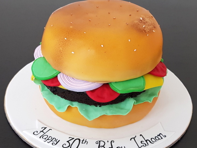 Burger shaped 3D designer fondant cake for hubby in Pune