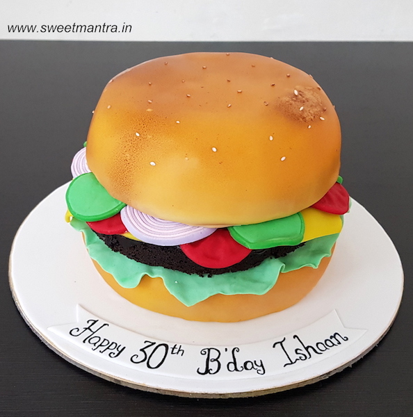 Burger shaped 3D designer fondant cake for hubby in Pune