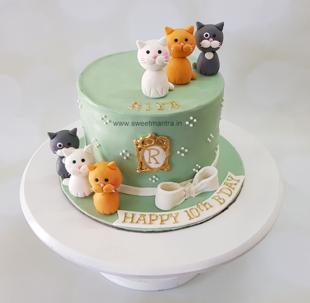Cats theme customized fondant cake for girs birthday in Pune