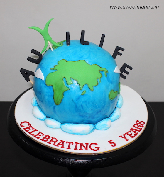 Globe shaped 3D cake for companys 5th anniversary in Pune