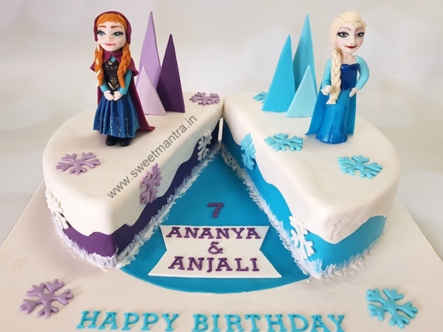 Frozen Elsa, Anna theme customized fondant cake for twin girl's birthday in Pune