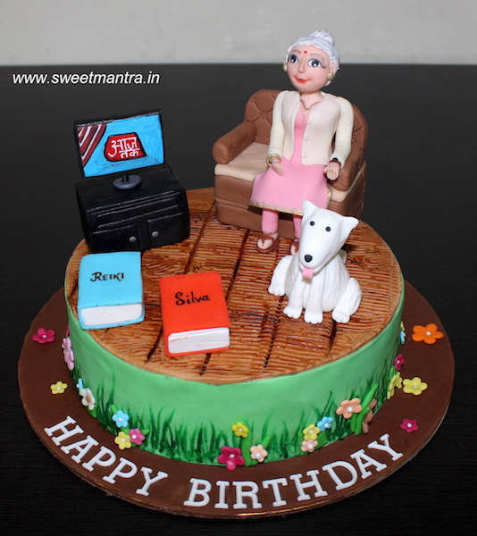 Customized birthday cake with Grandma watching TV in Pune
