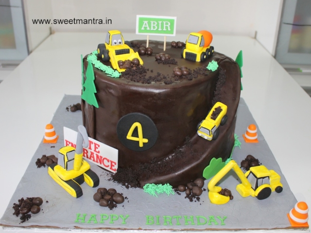 JCB construction trucks theme customized fondant cake in Pune