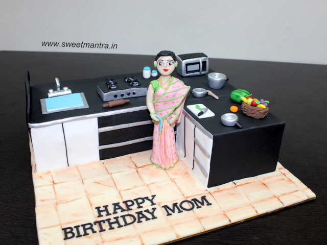 Kitchen platform shaped 3D fondant cake for moms birthday in Pune