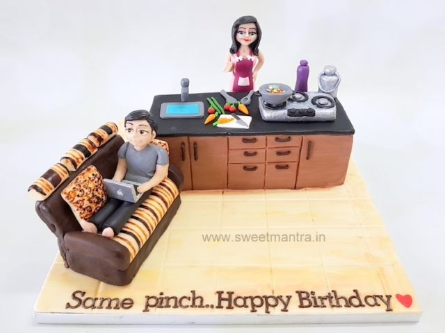 Wife cooking and husband with laptop theme customized cake in Pune
