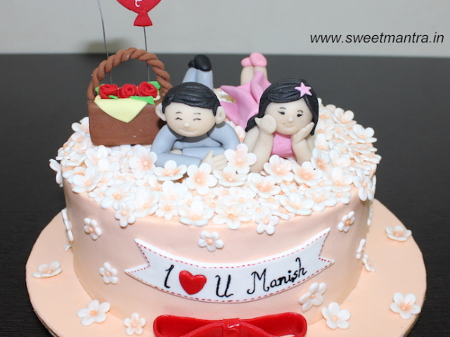 Love couple, Valentine theme customized cake with flowers in Pune