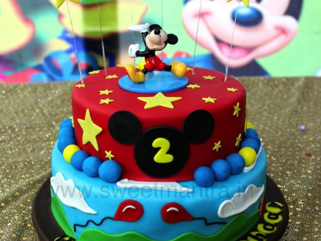 Mickey Mouse theme 2 tier fondant cake for 2nd birthday in Pune