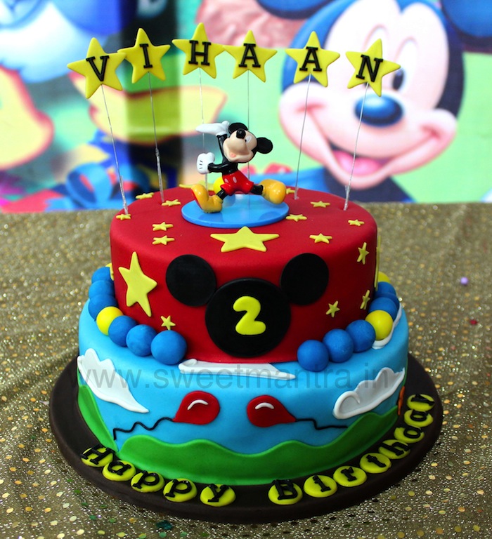 Mickey Mouse theme 2 tier fondant cake for 2nd birthday in Pune