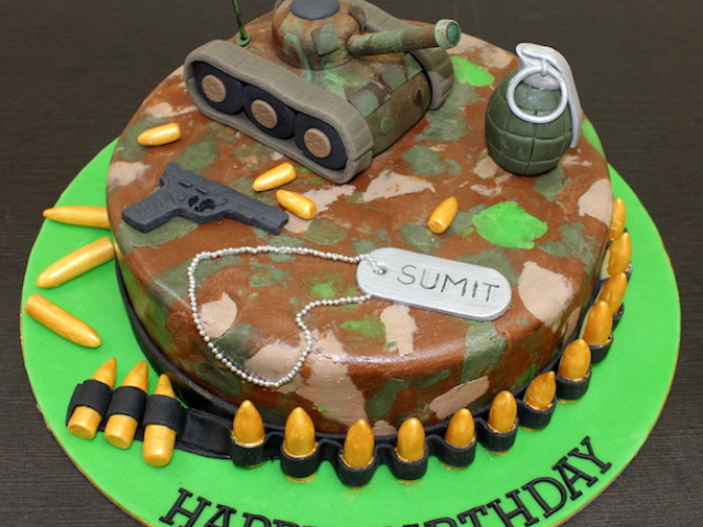 Military infantry theme cake with tank, grenade in Pune