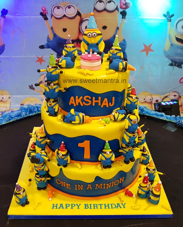 Minion theme 3 tier customized fondant cake for 1st birthday in Pune