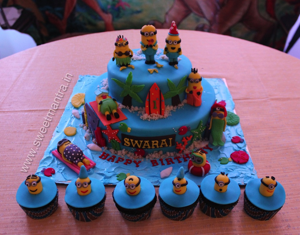 Minions on beach theme 2 layer fondant cake and cupcakes in Pune