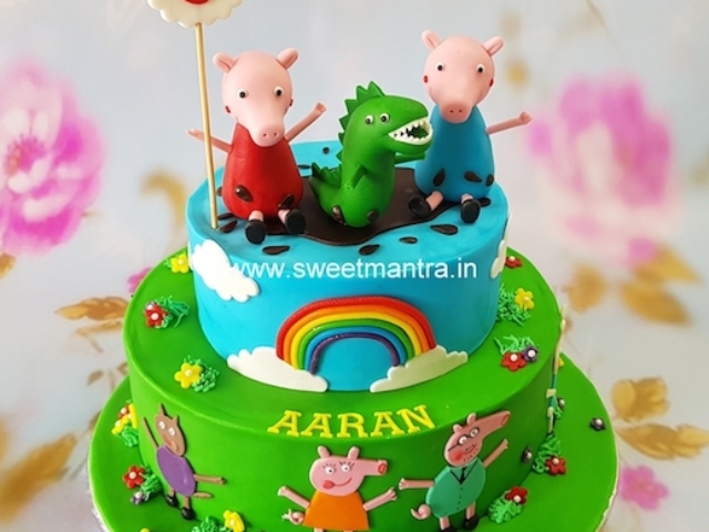 Peppa Pig theme customized 2 layer fondant cake in Pune