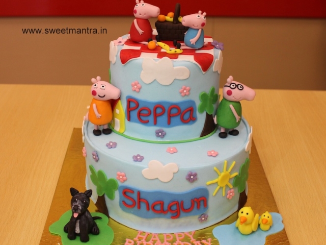 Peppa Pig and George theme 2 layer fondant birthday cake in Pune