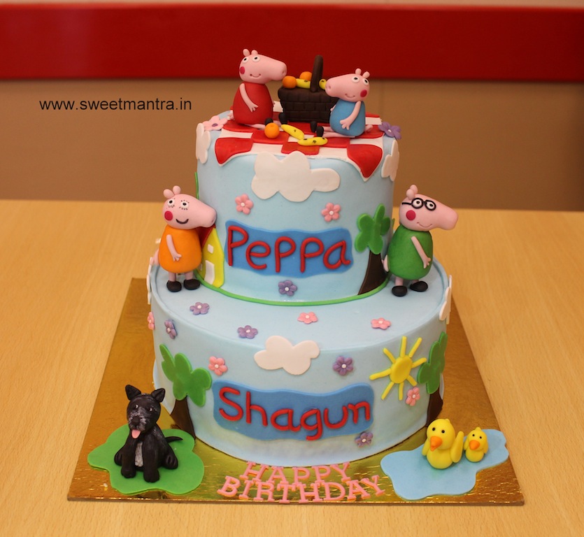 Peppa Pig and George theme 2 layer fondant birthday cake in Pune