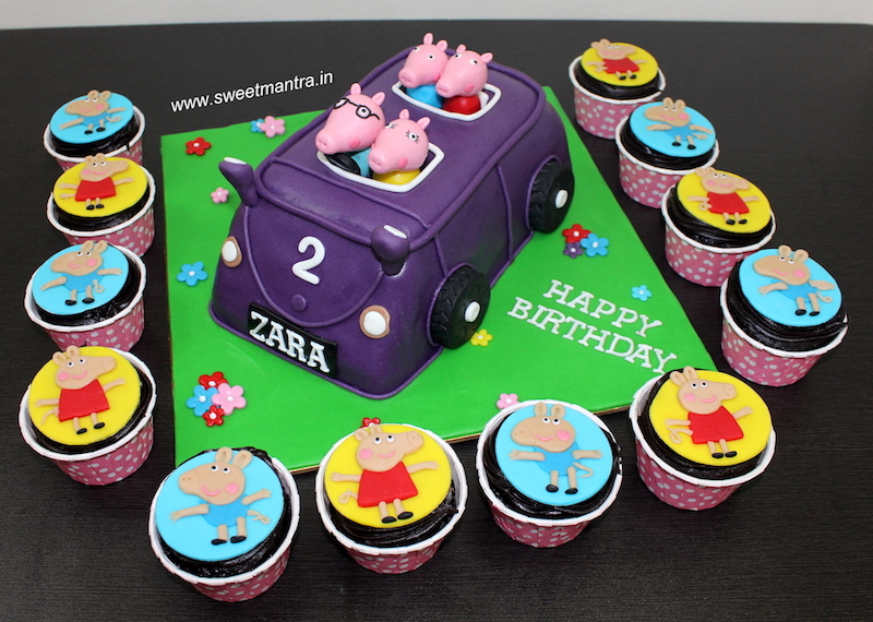 Peppa pig and family in car theme 3D cake and cupcakes in Pune