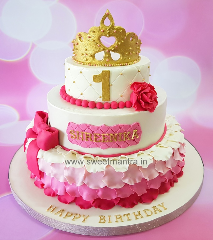 Princess theme customized 3 tier fondant cake for girl's 1st birthday in Pune