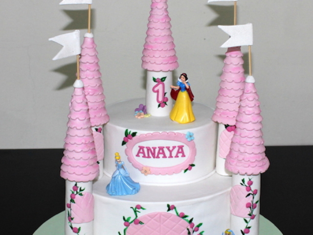 Princess Castle theme 2 layer fondant cake for girl's 1st birthday in Pune