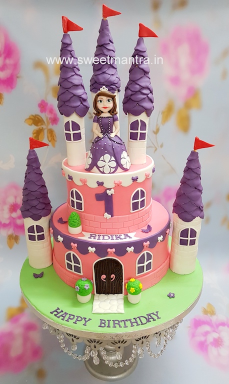 Princess Sofia Castle theme 2 tier fondant cake for girl's 1st birthday in Pune