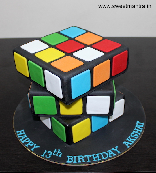 Rubik's cube puzzle shaped 3D designer fondant cake in Pune