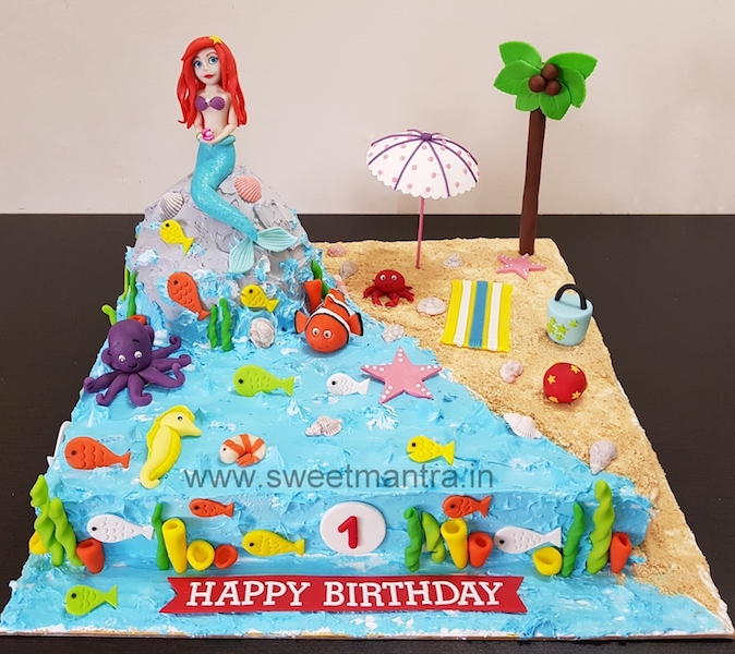 Sea, Mermaid theme 2 layer customized fresh cream 1st birthday cake in Pune