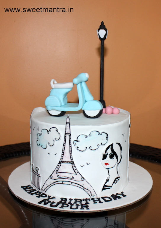 Scooty, Paris travel theme customized cake for wife in Pune