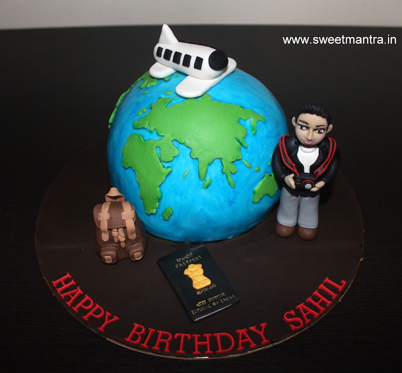 Travel, Globe theme 3D cake with passport, camera in Pune