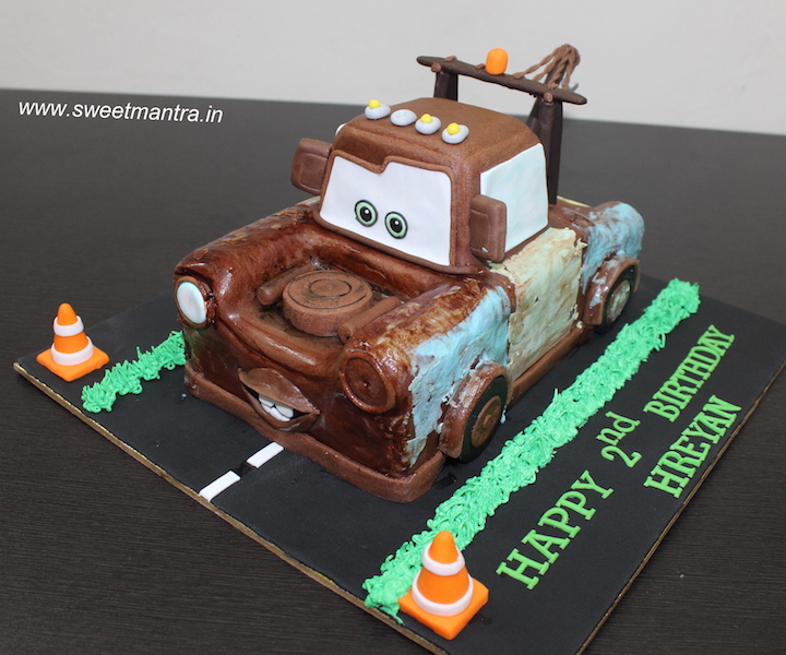 Mater tow truck shaped theme 3D cake for 2nd birthday in Pune