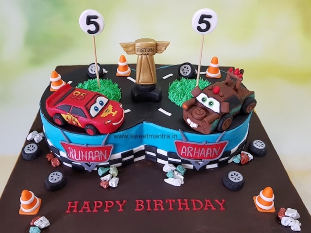 Mcqueen and Mater cars theme cake for twin boys birthday in Pune
