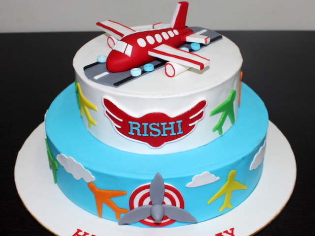 Aeroplane theme customized 2 layer fondant birthday cake in Pune