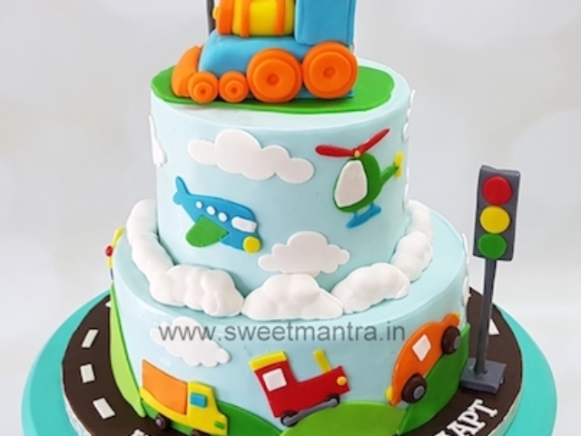 Vehicles, truck, car, bus, plane, train theme 2 tier fondant cake in Pune
