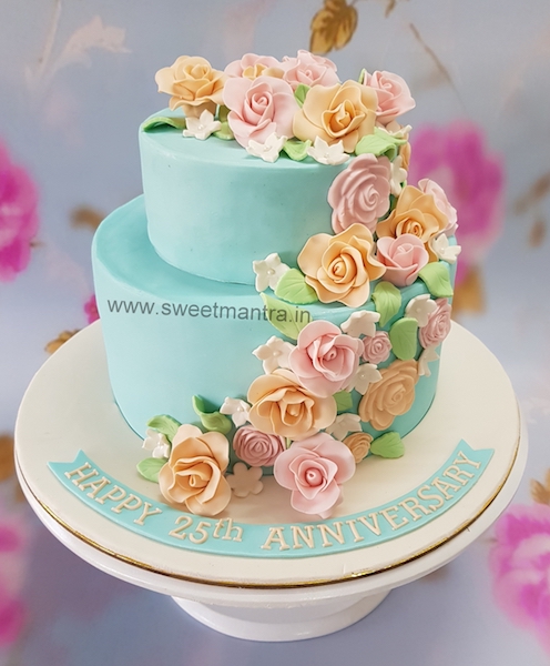 2 tier fondant cake with flowers for 25th anniversary in Pune