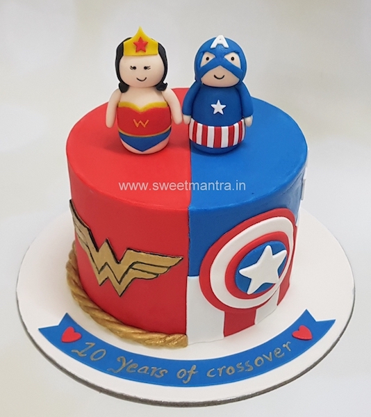Superheroes Captain America and Wonder Woman theme anniversary cake in Pune